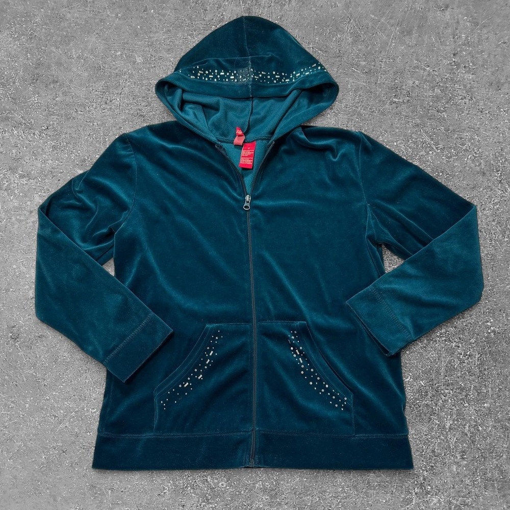 Zoey & Beth Teal Velvet Zip Up Hoodie Rhinestone Y2K Velour Sweatshirt Womens M